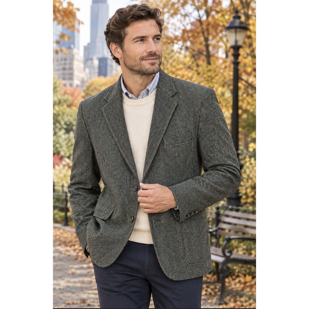 Vintage Burberry 2 Button Blazer Men's 44L Olive Tweed Herringbone Sport Coat***